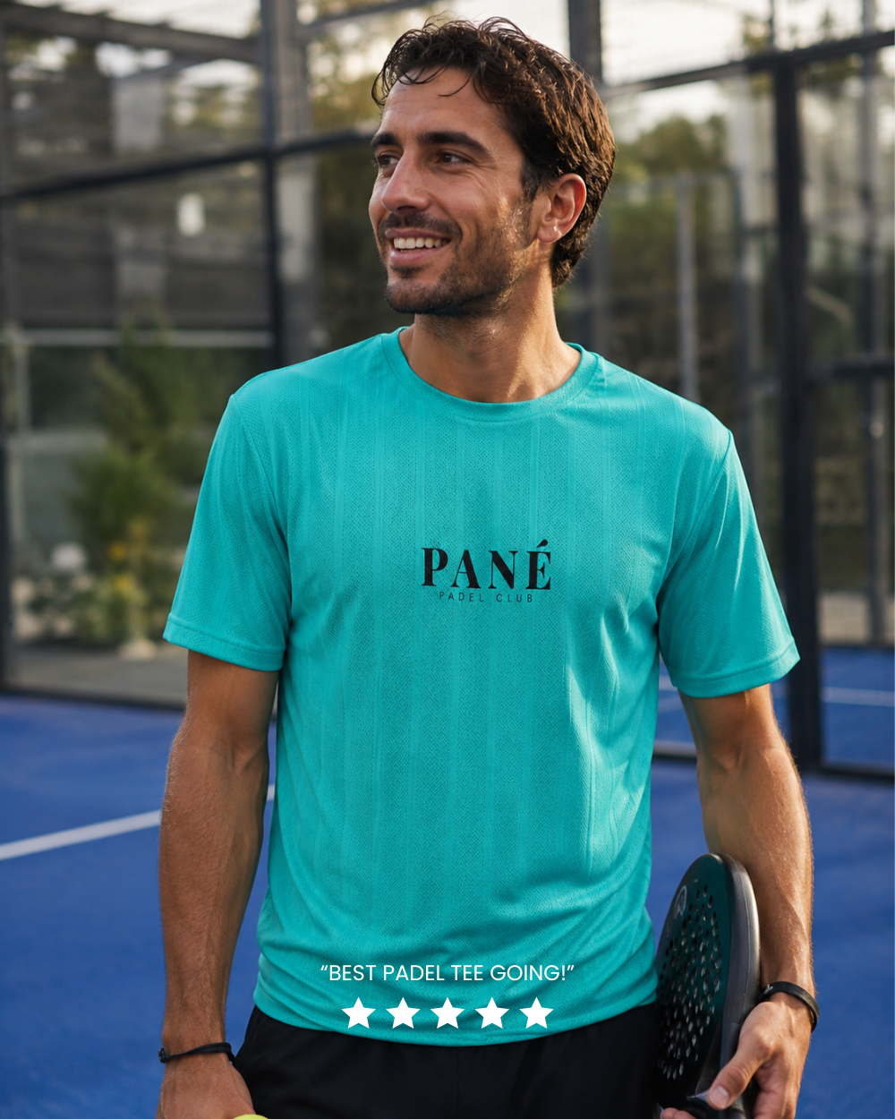 Existing Pané player review artwork: teal performance tee