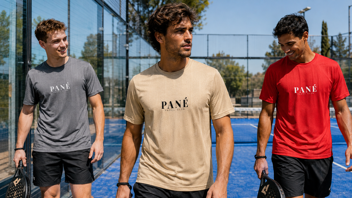 Players wearing Pané tees on a blue padel court